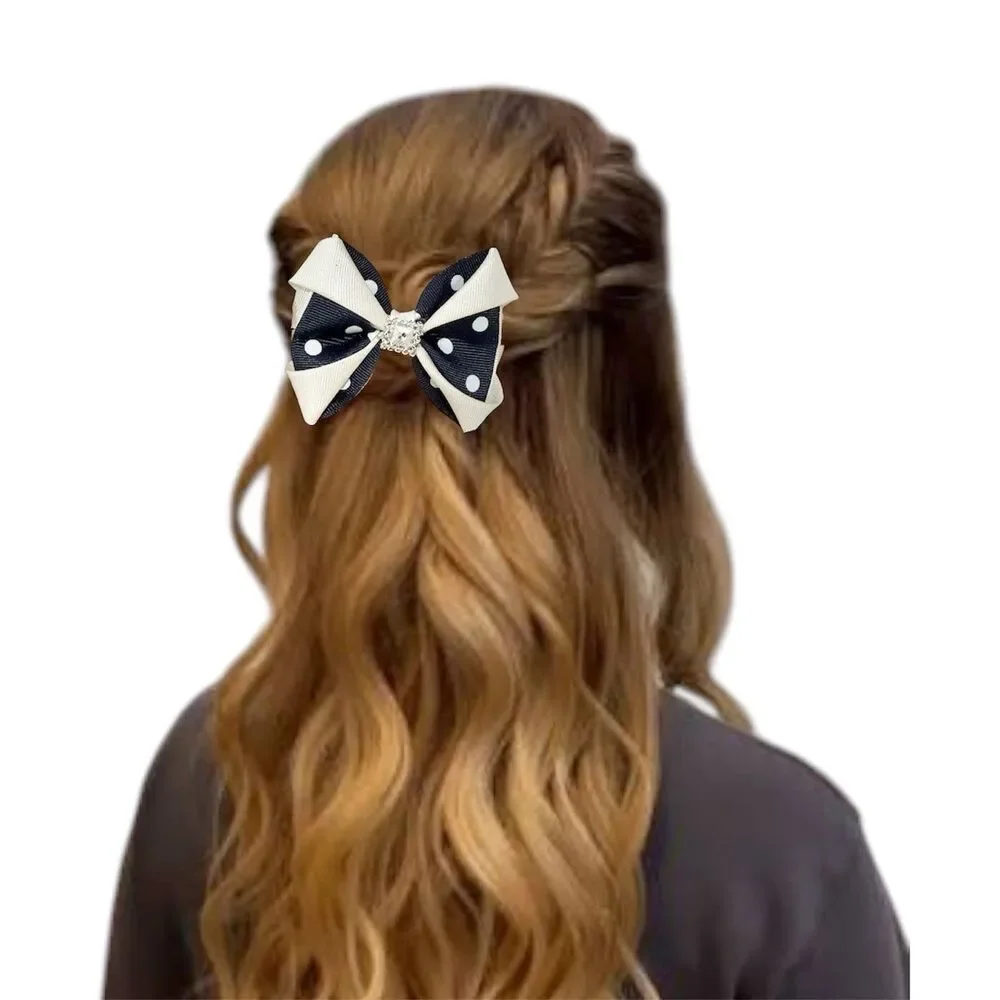 Hair Bow Clip Hairpin For Girls White And Blue Polka Dot New
